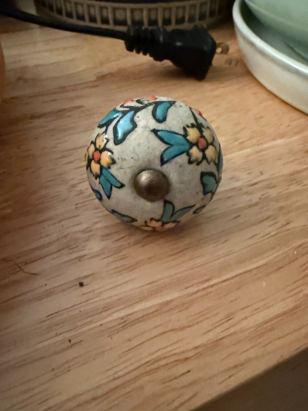 Bohemian White Ceramic Knob Pull w/Blue & Yellow Flowers & Metal Button Center